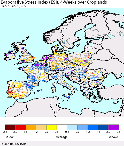 Europe Evaporative Stress Index (ESI), 4-Weeks over Croplands Thematic Map For 1/24/2022 - 1/30/2022