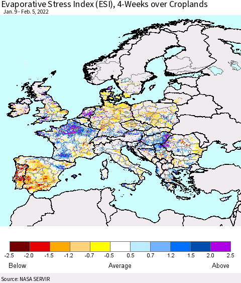 Europe Evaporative Stress Index (ESI), 4-Weeks over Croplands Thematic Map For 1/31/2022 - 2/6/2022