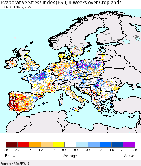 Europe Evaporative Stress Index (ESI), 4-Weeks over Croplands Thematic Map For 2/7/2022 - 2/13/2022
