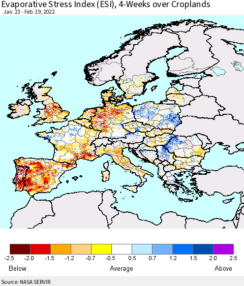 Europe Evaporative Stress Index (ESI), 4-Weeks over Croplands Thematic Map For 2/14/2022 - 2/20/2022