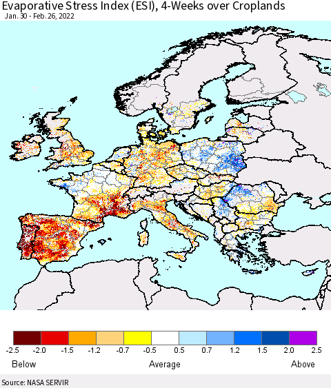 Europe Evaporative Stress Index (ESI), 4-Weeks over Croplands Thematic Map For 2/21/2022 - 2/27/2022