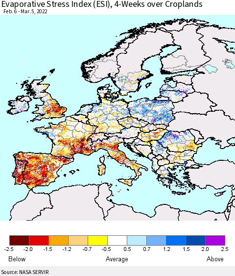 Europe Evaporative Stress Index (ESI), 4-Weeks over Croplands Thematic Map For 2/28/2022 - 3/6/2022