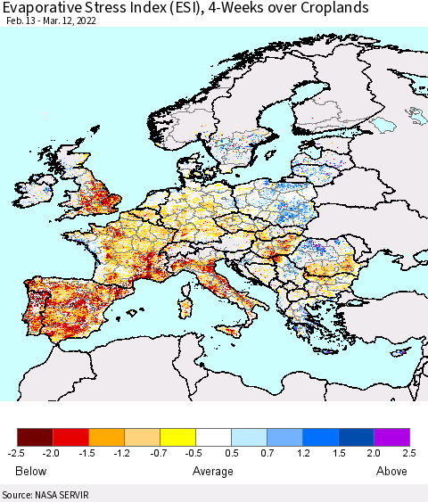 Europe Evaporative Stress Index (ESI), 4-Weeks over Croplands Thematic Map For 3/7/2022 - 3/13/2022