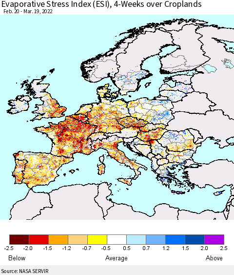 Europe Evaporative Stress Index (ESI), 4-Weeks over Croplands Thematic Map For 3/14/2022 - 3/20/2022