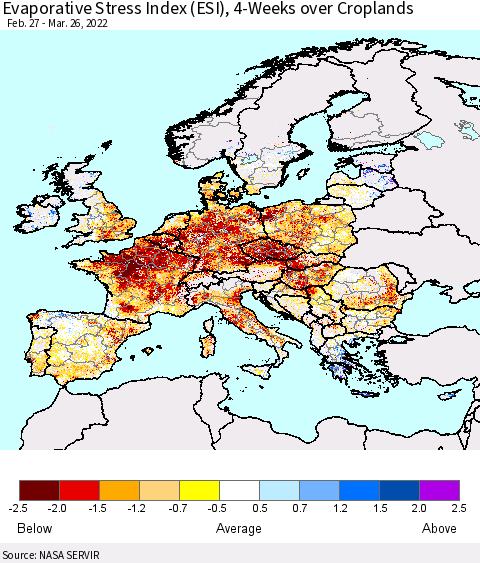 Europe Evaporative Stress Index (ESI), 4-Weeks over Croplands Thematic Map For 3/21/2022 - 3/27/2022