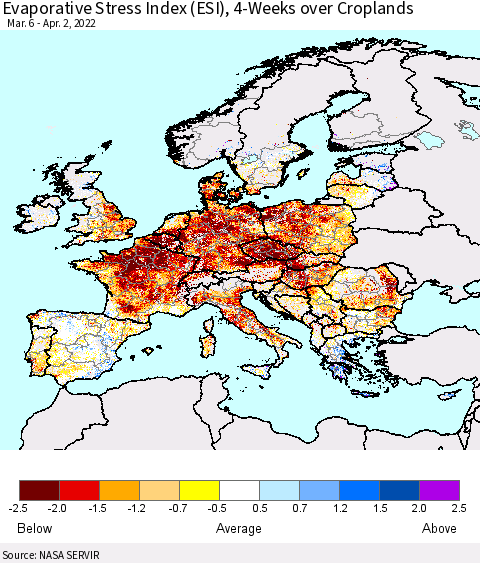Europe Evaporative Stress Index (ESI), 4-Weeks over Croplands Thematic Map For 3/28/2022 - 4/3/2022