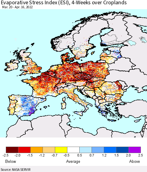 Europe Evaporative Stress Index (ESI), 4-Weeks over Croplands Thematic Map For 4/11/2022 - 4/17/2022