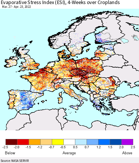 Europe Evaporative Stress Index (ESI), 4-Weeks over Croplands Thematic Map For 4/18/2022 - 4/24/2022