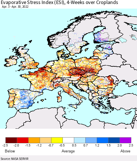Europe Evaporative Stress Index (ESI), 4-Weeks over Croplands Thematic Map For 4/25/2022 - 5/1/2022