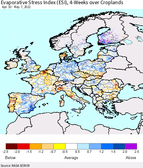 Europe Evaporative Stress Index (ESI), 4-Weeks over Croplands Thematic Map For 5/2/2022 - 5/8/2022