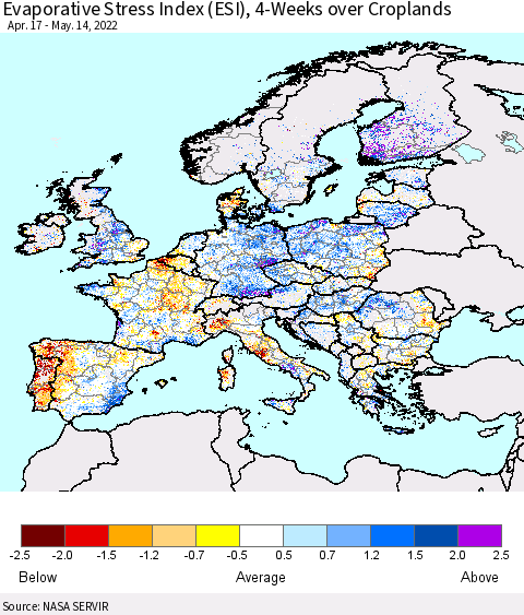 Europe Evaporative Stress Index (ESI), 4-Weeks over Croplands Thematic Map For 5/9/2022 - 5/15/2022