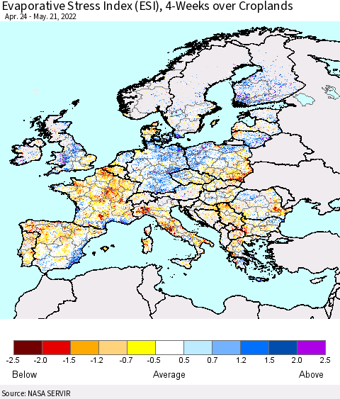 Europe Evaporative Stress Index (ESI), 4-Weeks over Croplands Thematic Map For 5/16/2022 - 5/22/2022