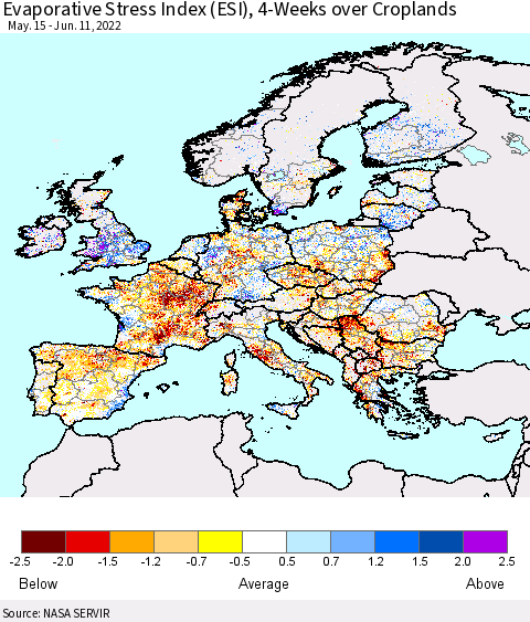 Europe Evaporative Stress Index (ESI), 4-Weeks over Croplands Thematic Map For 6/6/2022 - 6/12/2022