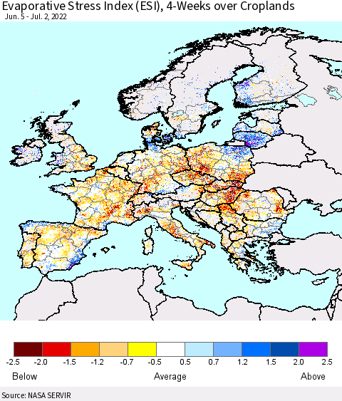 Europe Evaporative Stress Index (ESI), 4-Weeks over Croplands Thematic Map For 6/27/2022 - 7/3/2022