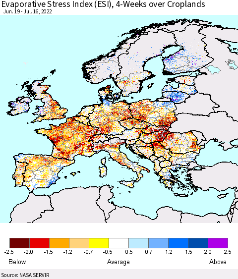 Europe Evaporative Stress Index (ESI), 4-Weeks over Croplands Thematic Map For 7/11/2022 - 7/17/2022