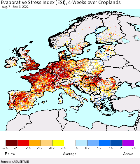 Europe Evaporative Stress Index (ESI), 4-Weeks over Croplands Thematic Map For 8/29/2022 - 9/4/2022