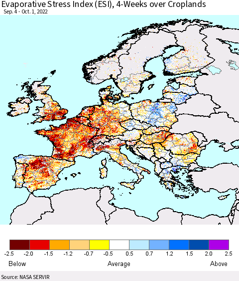 Europe Evaporative Stress Index (ESI), 4-Weeks over Croplands Thematic Map For 9/26/2022 - 10/2/2022