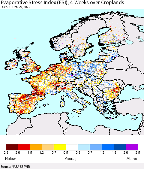 Europe Evaporative Stress Index (ESI), 4-Weeks over Croplands Thematic Map For 10/24/2022 - 10/30/2022