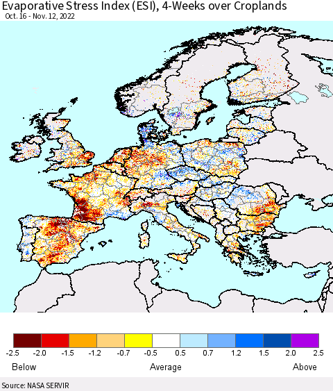 Europe Evaporative Stress Index (ESI), 4-Weeks over Croplands Thematic Map For 11/7/2022 - 11/13/2022