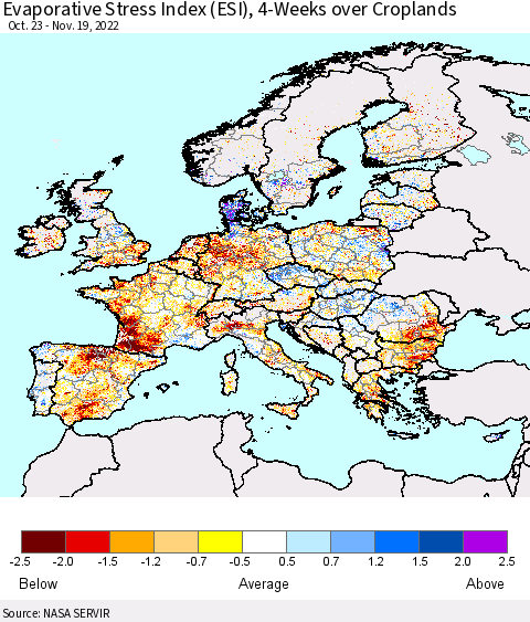 Europe Evaporative Stress Index (ESI), 4-Weeks over Croplands Thematic Map For 11/14/2022 - 11/20/2022
