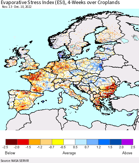 Europe Evaporative Stress Index (ESI), 4-Weeks over Croplands Thematic Map For 12/5/2022 - 12/11/2022