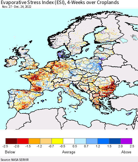 Europe Evaporative Stress Index (ESI), 4-Weeks over Croplands Thematic Map For 12/19/2022 - 12/25/2022