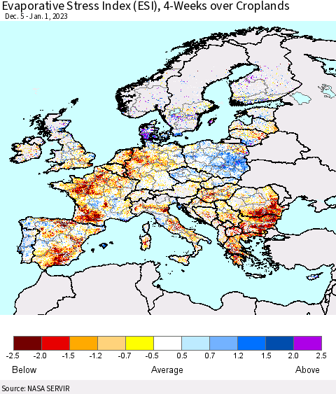 Europe Evaporative Stress Index (ESI), 4-Weeks over Croplands Thematic Map For 12/26/2022 - 1/1/2023