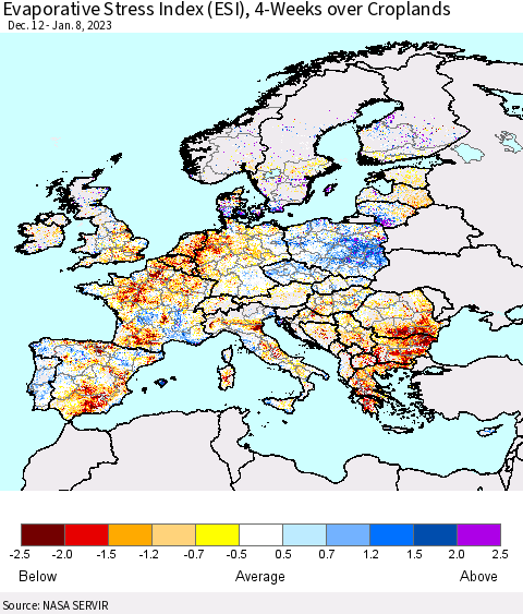 Europe Evaporative Stress Index (ESI), 4-Weeks over Croplands Thematic Map For 1/2/2023 - 1/8/2023