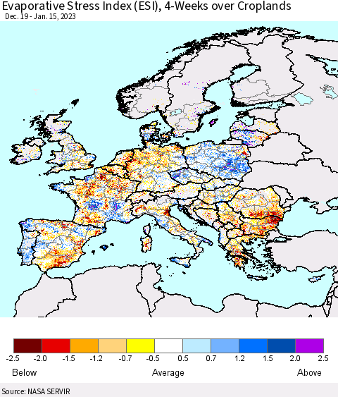 Europe Evaporative Stress Index (ESI), 4-Weeks over Croplands Thematic Map For 1/9/2023 - 1/15/2023