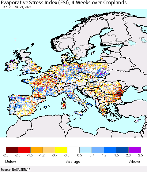 Europe Evaporative Stress Index (ESI), 4-Weeks over Croplands Thematic Map For 1/23/2023 - 1/29/2023