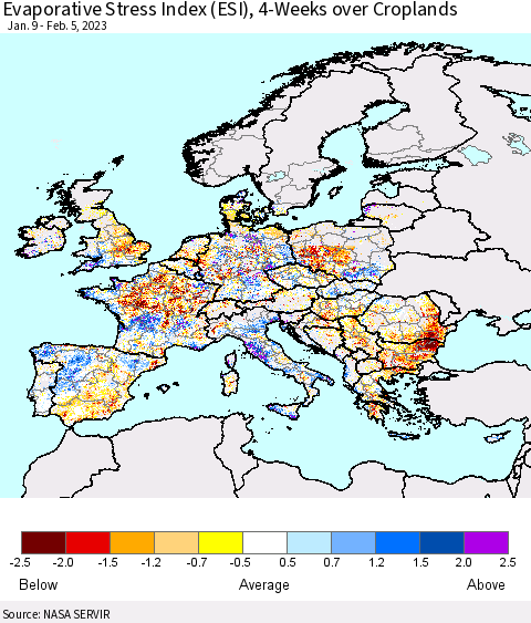 Europe Evaporative Stress Index (ESI), 4-Weeks over Croplands Thematic Map For 1/30/2023 - 2/5/2023