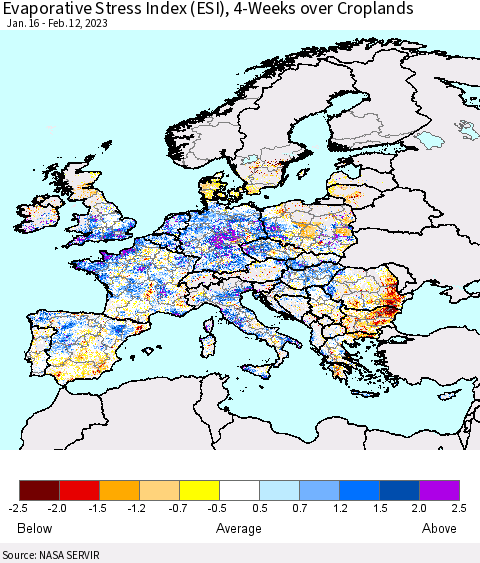 Europe Evaporative Stress Index (ESI), 4-Weeks over Croplands Thematic Map For 2/6/2023 - 2/12/2023
