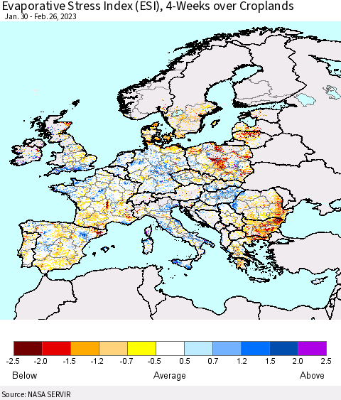 Europe Evaporative Stress Index (ESI), 4-Weeks over Croplands Thematic Map For 2/20/2023 - 2/26/2023