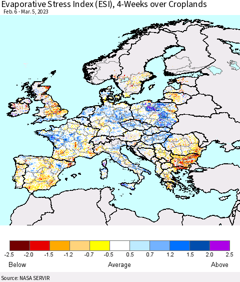 Europe Evaporative Stress Index (ESI), 4-Weeks over Croplands Thematic Map For 2/27/2023 - 3/5/2023