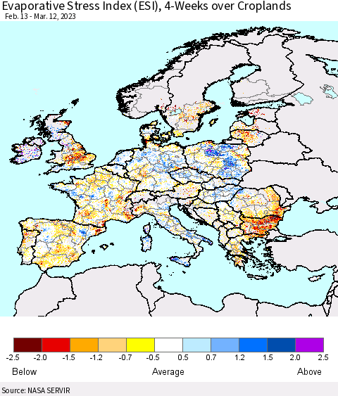 Europe Evaporative Stress Index (ESI), 4-Weeks over Croplands Thematic Map For 3/6/2023 - 3/12/2023