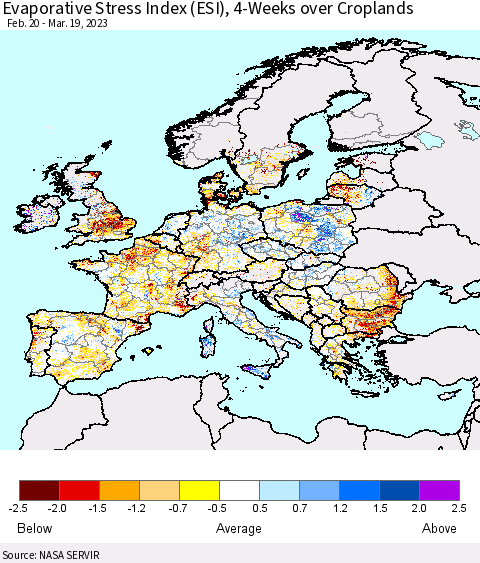 Europe Evaporative Stress Index (ESI), 4-Weeks over Croplands Thematic Map For 3/13/2023 - 3/19/2023