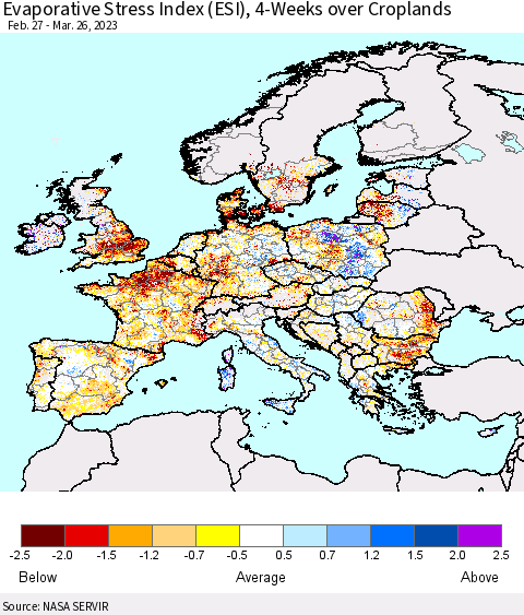 Europe Evaporative Stress Index (ESI), 4-Weeks over Croplands Thematic Map For 3/20/2023 - 3/26/2023
