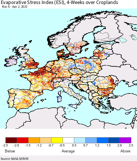 Europe Evaporative Stress Index (ESI), 4-Weeks over Croplands Thematic Map For 3/27/2023 - 4/2/2023