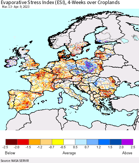 Europe Evaporative Stress Index (ESI), 4-Weeks over Croplands Thematic Map For 4/3/2023 - 4/9/2023