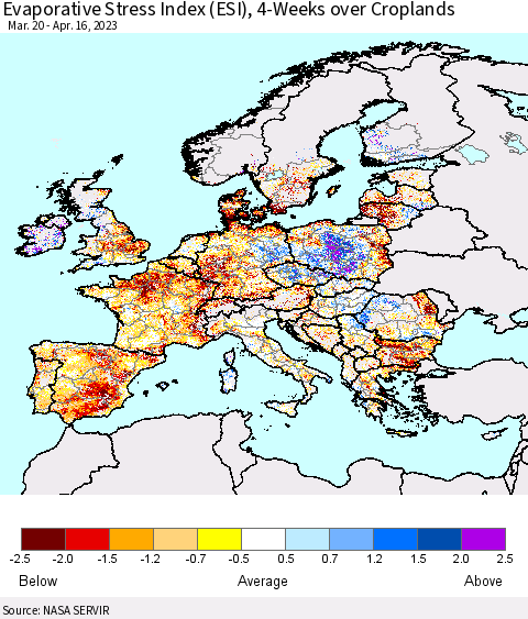Europe Evaporative Stress Index (ESI), 4-Weeks over Croplands Thematic Map For 4/10/2023 - 4/16/2023