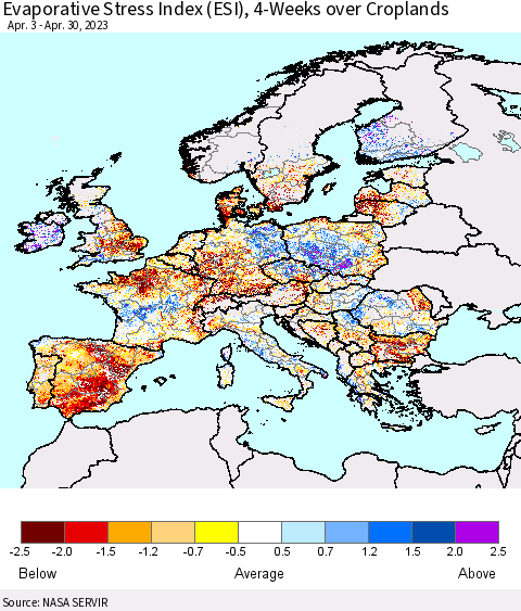 Europe Evaporative Stress Index (ESI), 4-Weeks over Croplands Thematic Map For 4/24/2023 - 4/30/2023
