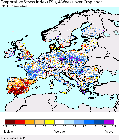 Europe Evaporative Stress Index (ESI), 4-Weeks over Croplands Thematic Map For 5/8/2023 - 5/14/2023