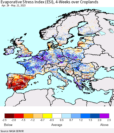 Europe Evaporative Stress Index (ESI), 4-Weeks over Croplands Thematic Map For 5/15/2023 - 5/21/2023