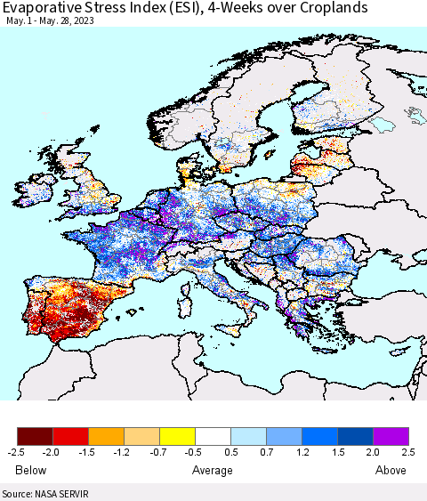 Europe Evaporative Stress Index (ESI), 4-Weeks over Croplands Thematic Map For 5/22/2023 - 5/28/2023