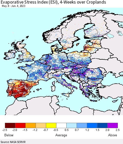 Europe Evaporative Stress Index (ESI), 4-Weeks over Croplands Thematic Map For 5/29/2023 - 6/4/2023
