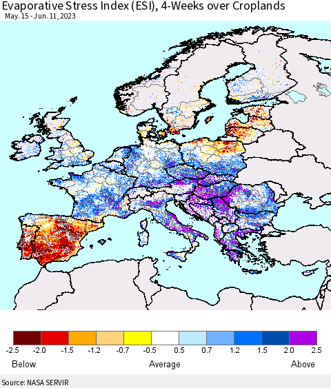Europe Evaporative Stress Index (ESI), 4-Weeks over Croplands Thematic Map For 6/5/2023 - 6/11/2023
