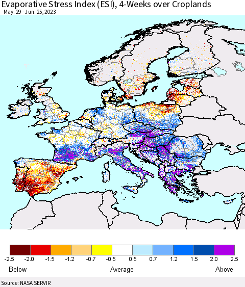Europe Evaporative Stress Index (ESI), 4-Weeks over Croplands Thematic Map For 6/19/2023 - 6/25/2023