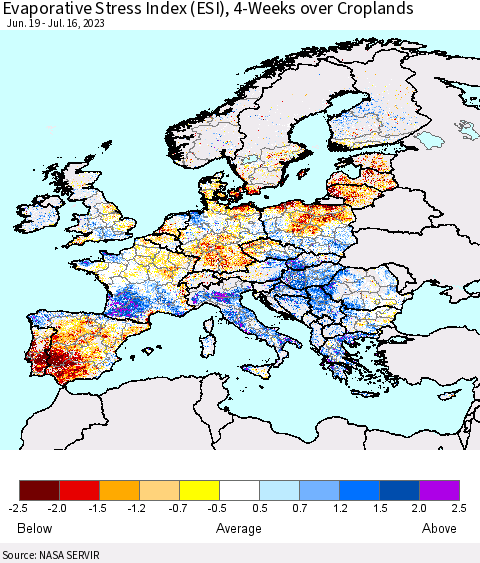 Europe Evaporative Stress Index (ESI), 4-Weeks over Croplands Thematic Map For 7/10/2023 - 7/16/2023