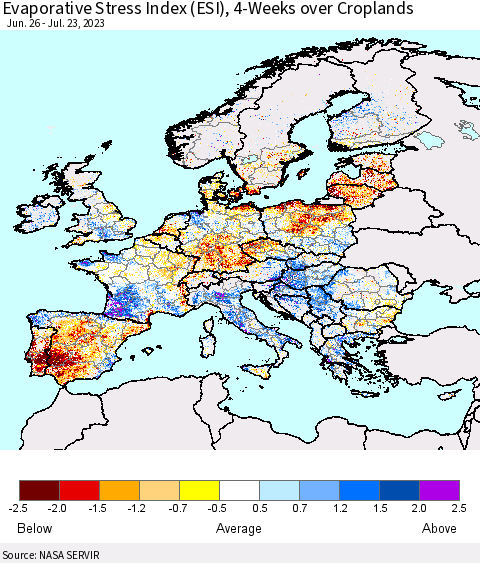 Europe Evaporative Stress Index (ESI), 4-Weeks over Croplands Thematic Map For 7/17/2023 - 7/23/2023