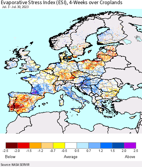 Europe Evaporative Stress Index (ESI), 4-Weeks over Croplands Thematic Map For 7/24/2023 - 7/30/2023
